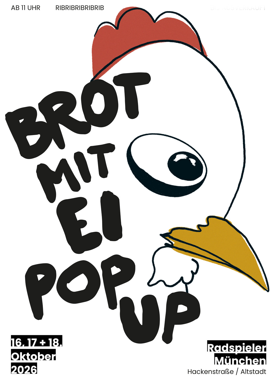 Plakat zum Brot mit Ei Pop-up: gezeichneter Hahn mit rotem Kamm