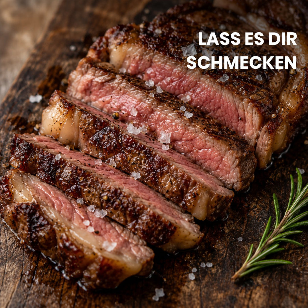 Aufgeschnittenes Steak mit Fleur de Sel und Rosmarin